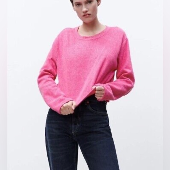 Zara Marled Fuschia Pink Cozy Cropped Crewneck Sweater - Picture 2 of 8